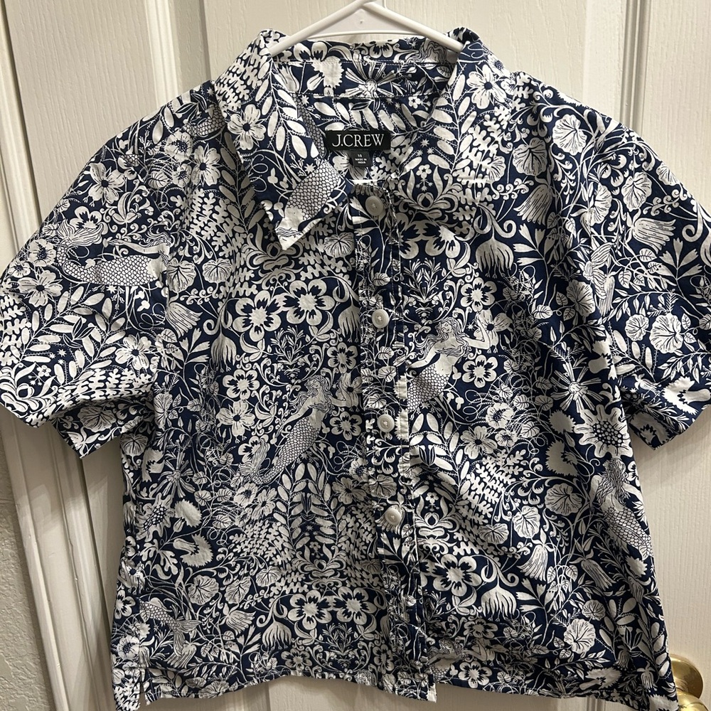 J. Crew Navy and White Cropped Botanical Mermaid Short Sleeve Shirt